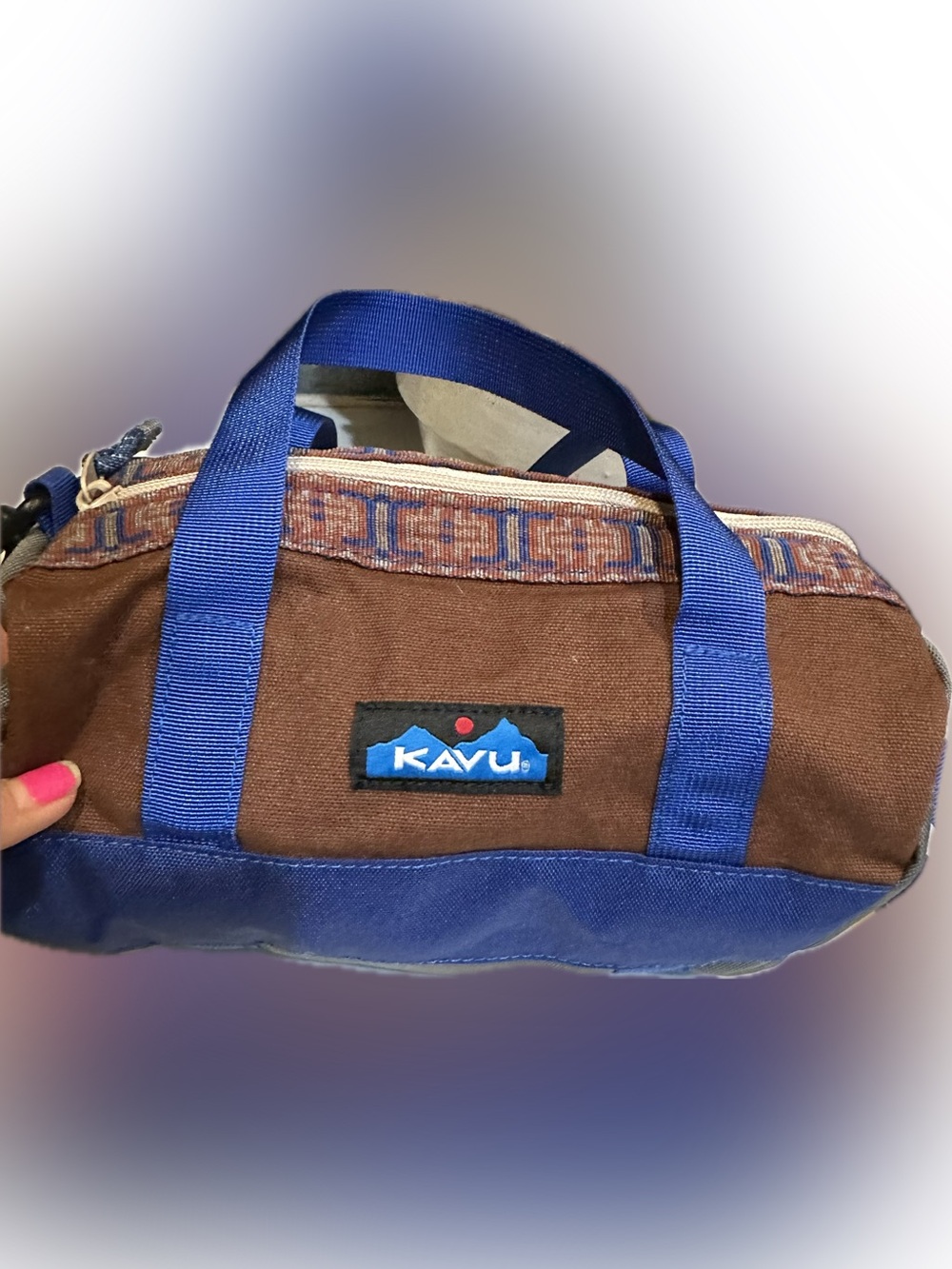 KAVU UNISEX MINI SMALL DUFFLE BAG BROWN BLUE CARRYALL PURSE TRAVEL HANDLED XBODY - Picture 4 of 11